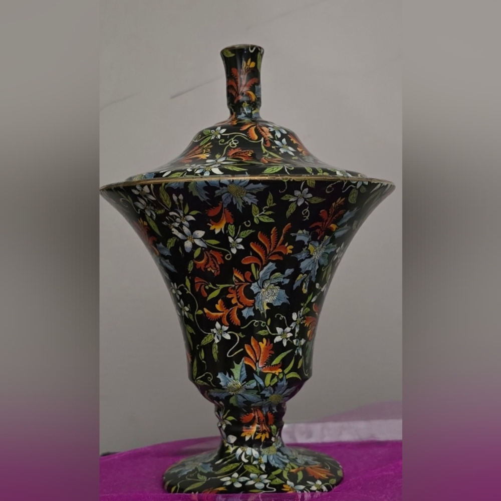 Royal Winton Black Fireglow Flower Lidded Candy Dish